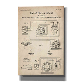 'Operating Tesla Motor Blueprint Patent Parchment' Canvas Wall Art