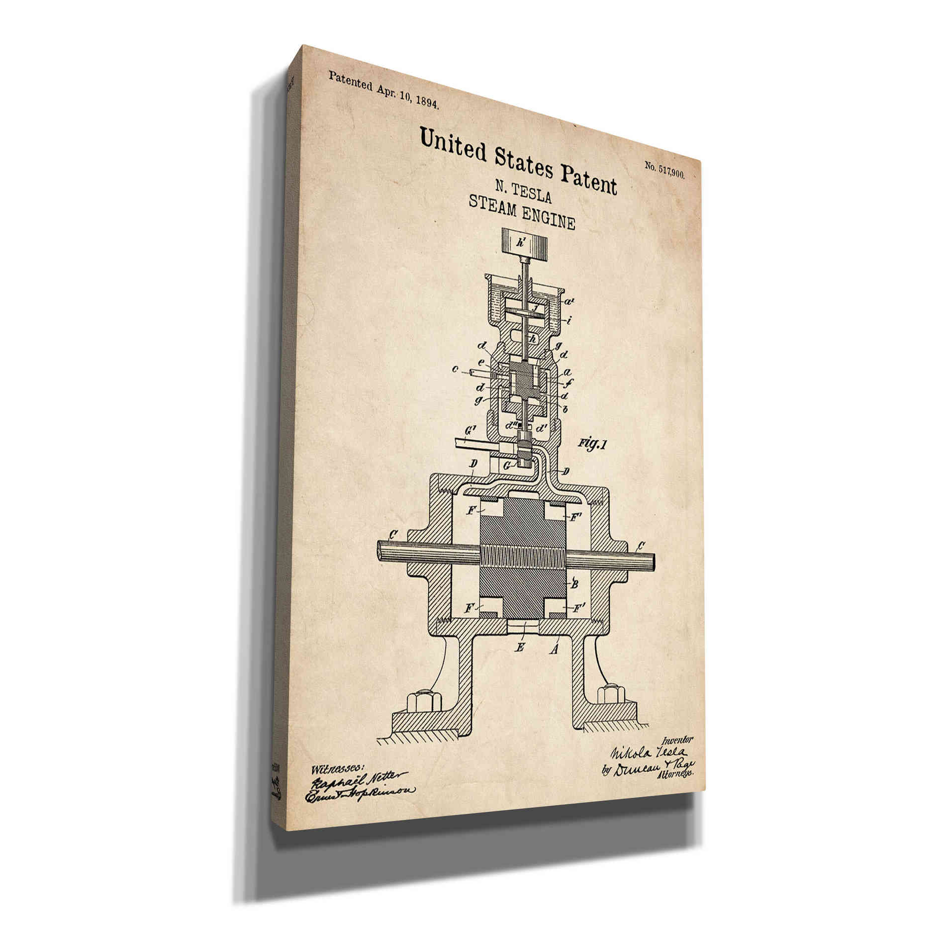 'Tesla Steam Engine Blueprint Patent Parchment' Canvas Wall Art