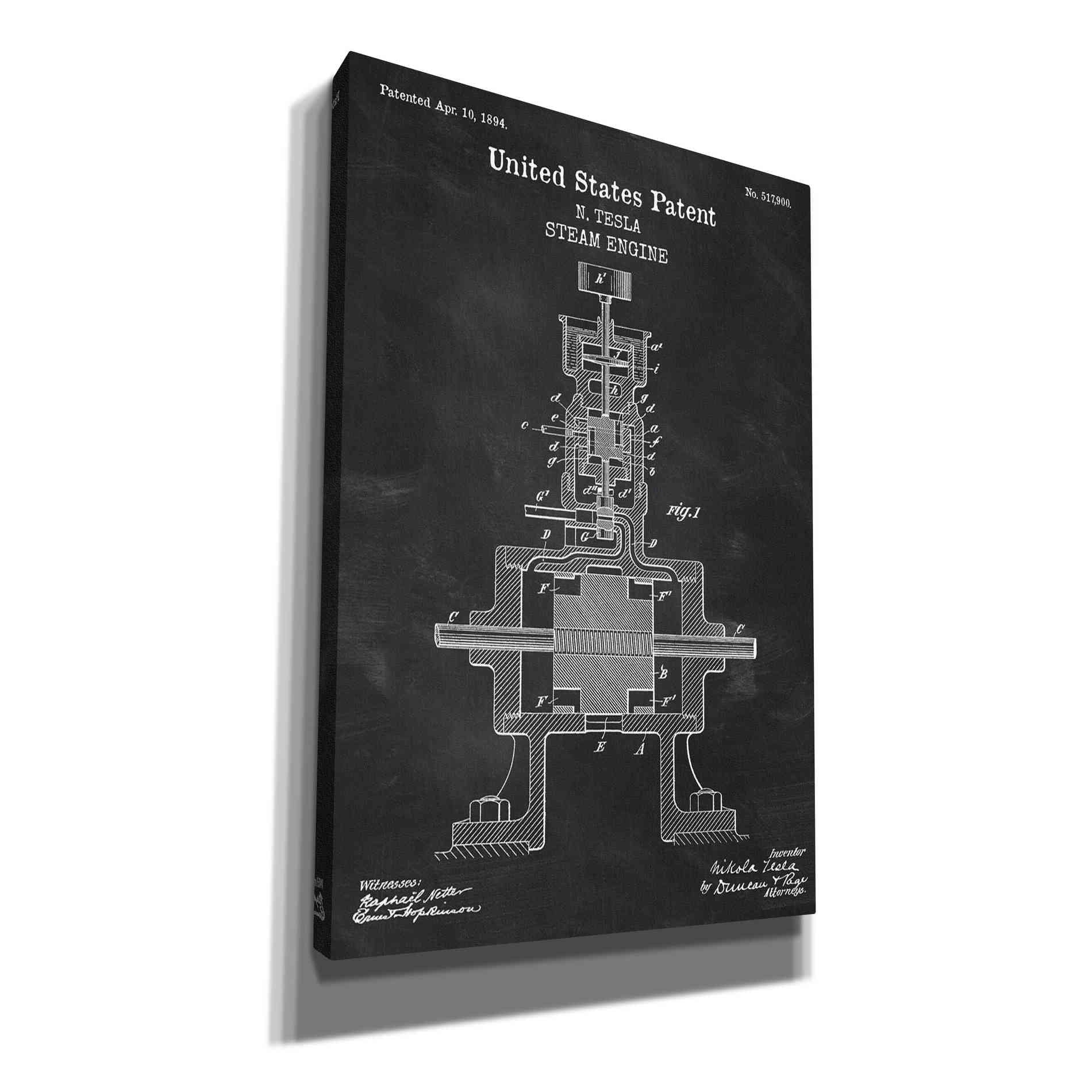 'Tesla Steam Engine Blueprint Patent Chalkboard' Canvas Wall Art