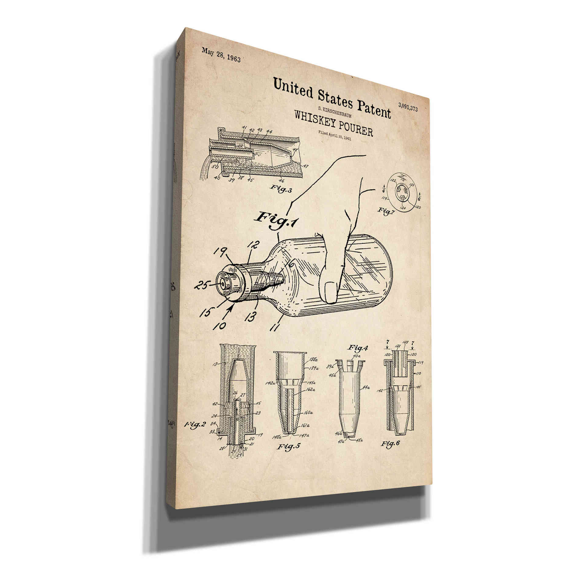 'Whiskey Pourer Blueprint Patent Parchment' Canvas Wall Art