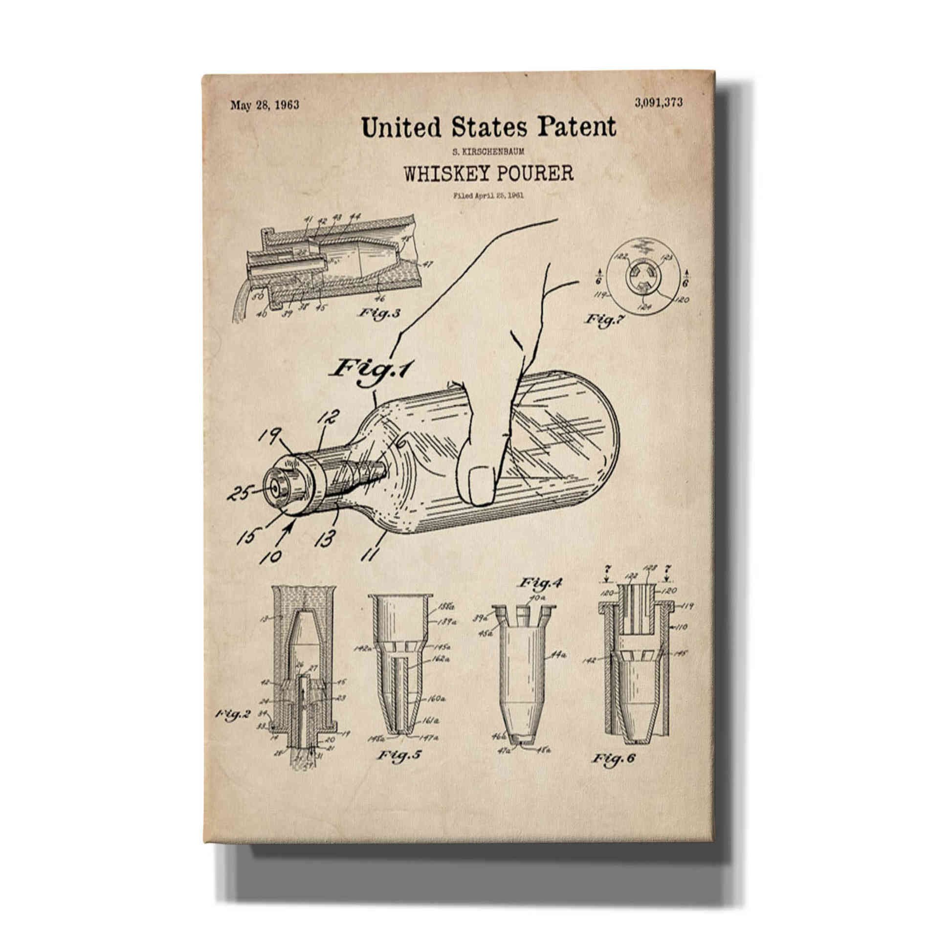 'Whiskey Pourer Blueprint Patent Parchment' Canvas Wall Art